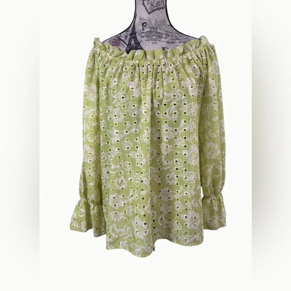 Hester & Orchard NY Sage Green Eyelet Off Shoulder Blouse L Boho Peasant Top